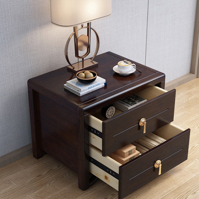 Traditional Chinese Solid Wood Brass Rounded Square Nightstand With 2 Drawers For Bedroom