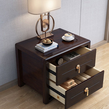 Traditional Chinese Solid Wood Brass Rounded Square Nightstand With 2 Drawers For Bedroom