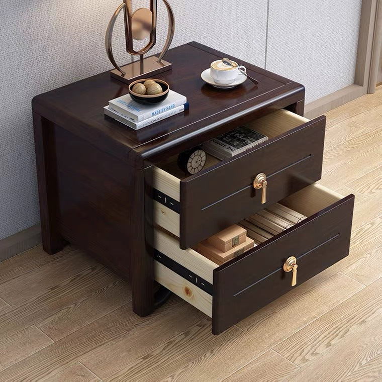Traditional Chinese Solid Wood Brass Rounded Square Nightstand With 2 Drawers For Bedroom