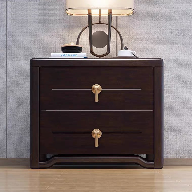 Traditional Chinese Solid Wood Brass Rounded Square Nightstand With 2 Drawers For Bedroom
