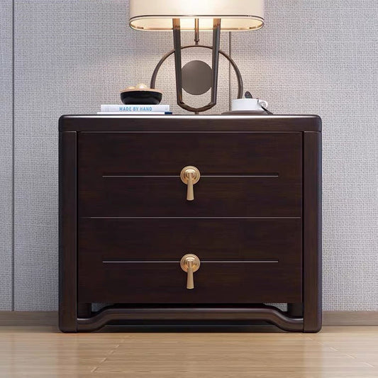 Traditional Chinese Solid Wood Brass Rounded Square Nightstand With 2 Drawers For Bedroom
