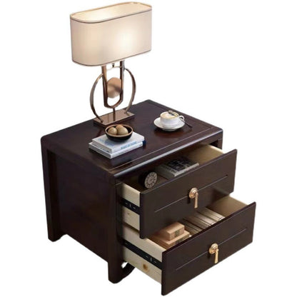 Traditional Chinese Solid Wood Brass Rounded Square Nightstand With 2 Drawers For Bedroom