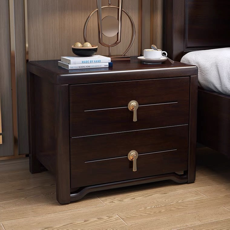 Traditional Chinese Solid Wood Brass Rounded Square Nightstand With 2 Drawers For Bedroom