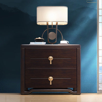 Traditional Chinese Solid Wood Brass Rounded Square Nightstand With 2 Drawers For Bedroom