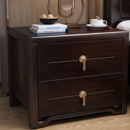 Traditional Chinese Solid Wood Brass Rounded Square Nightstand With 2 Drawers For Bedroom