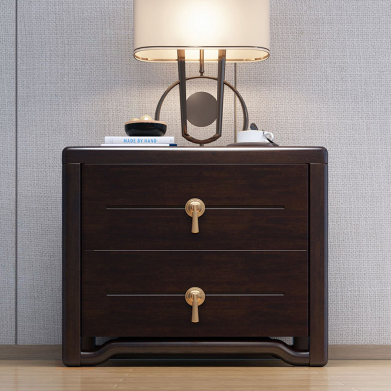 Traditional Chinese Solid Wood Brass Rounded Square Nightstand With 2 Drawers For Bedroom