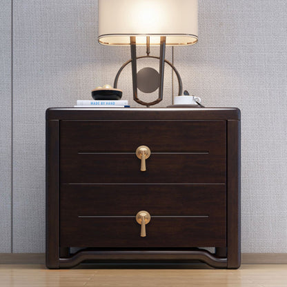 Traditional Chinese Solid Wood Brass Rounded Square Nightstand With 2 Drawers For Bedroom