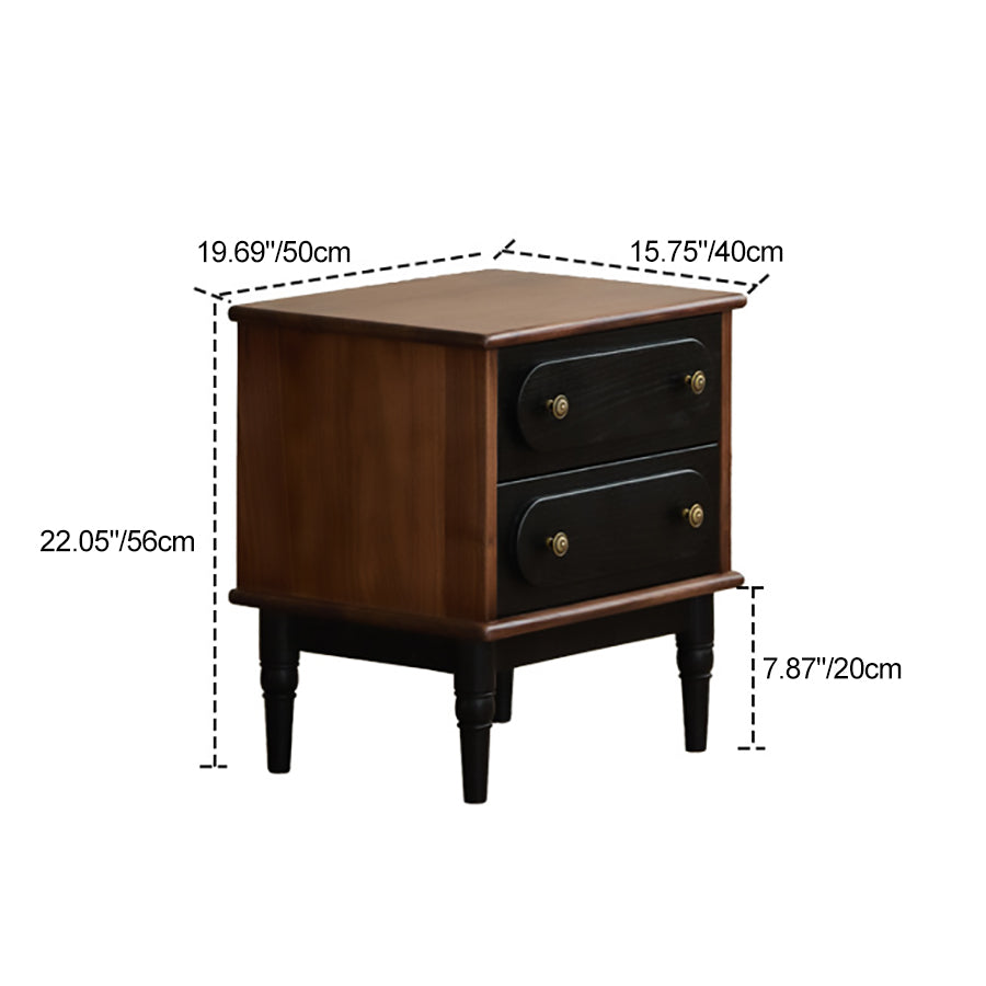 Traditional Vintage Walnut Oak Rounded Square Nightstand With 2 Drawers For Bedroom