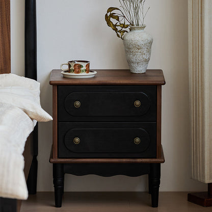 Traditional Vintage Walnut Oak Rounded Square Nightstand With 2 Drawers For Bedroom