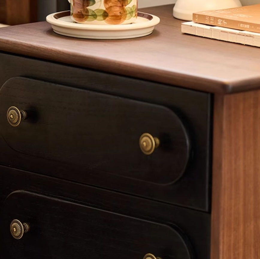 Traditional Vintage Walnut Oak Rounded Square Nightstand With 2 Drawers For Bedroom