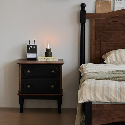 Traditional Vintage Walnut Oak Rounded Square Nightstand With 2 Drawers For Bedroom