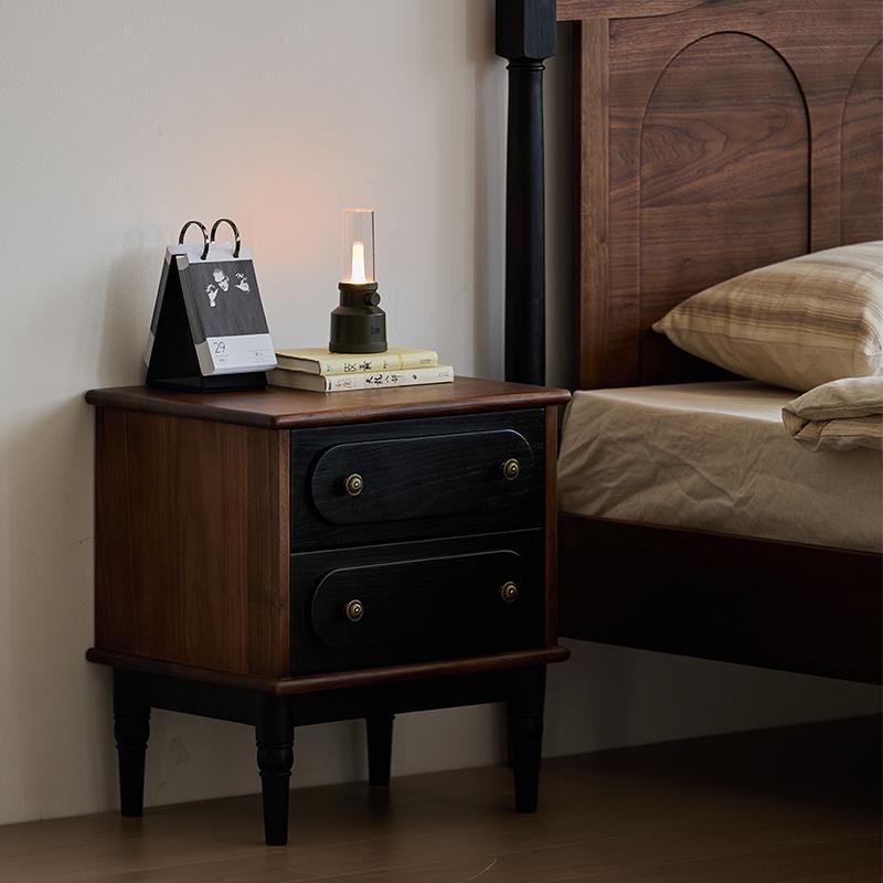 Traditional Vintage Walnut Oak Rounded Square Nightstand With 2 Drawers For Bedroom