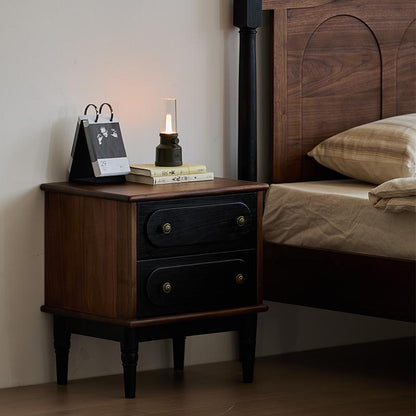 Traditional Vintage Walnut Oak Rounded Square Nightstand With 2 Drawers For Bedroom