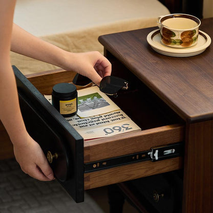 Traditional Vintage Walnut Oak Rounded Square Nightstand With 2 Drawers For Bedroom