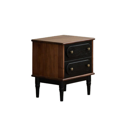 Traditional Vintage Walnut Oak Rounded Square Nightstand With 2 Drawers For Bedroom
