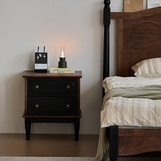Traditional Vintage Walnut Oak Rounded Square Nightstand With 2 Drawers For Bedroom
