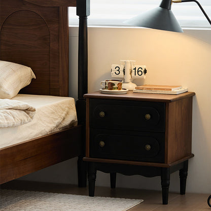 Traditional Vintage Walnut Oak Rounded Square Nightstand With 2 Drawers For Bedroom