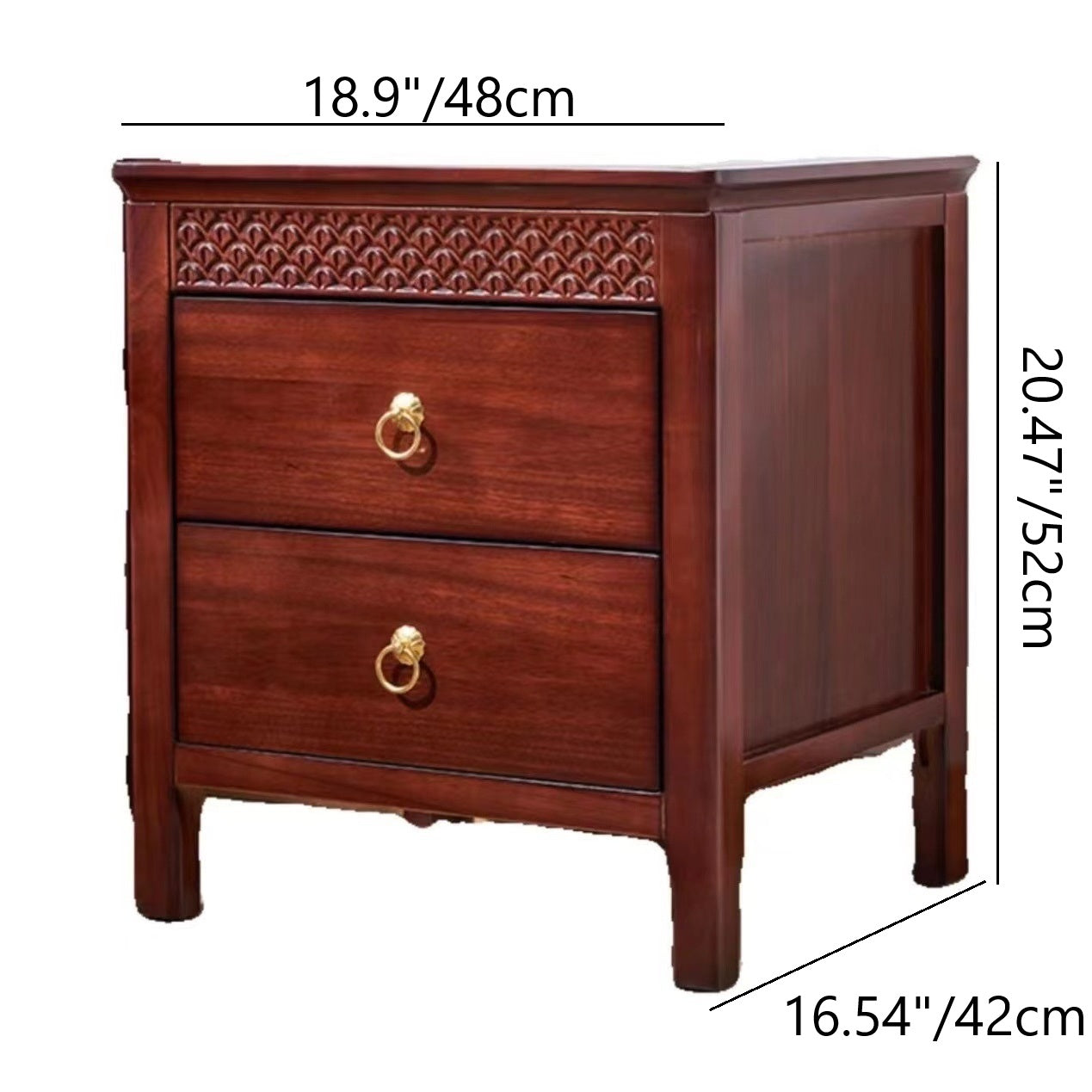 Traditional Chinese Solid Wood Rectangular Wavy Nightstand With 2 Drawers For Bedroom