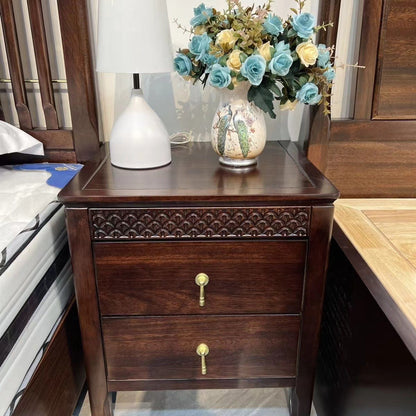 Traditional Chinese Solid Wood Rectangular Wavy Nightstand With 2 Drawers For Bedroom