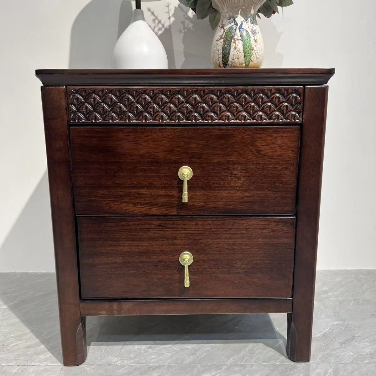 Traditional Chinese Solid Wood Rectangular Wavy Nightstand With 2 Drawers For Bedroom