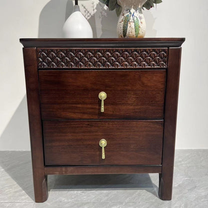 Traditional Chinese Solid Wood Rectangular Wavy Nightstand With 2 Drawers For Bedroom