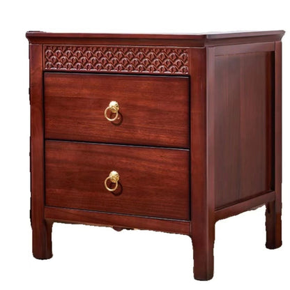 Traditional Chinese Solid Wood Rectangular Wavy Nightstand With 2 Drawers For Bedroom