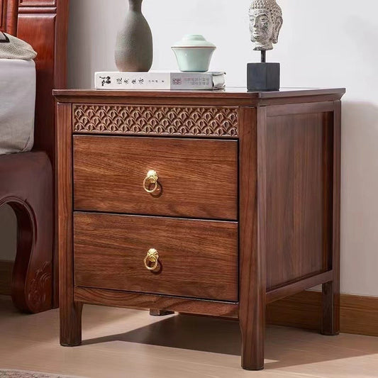 Traditional Chinese Solid Wood Rectangular Wavy Nightstand With 2 Drawers For Bedroom