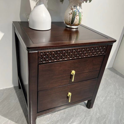 Traditional Chinese Solid Wood Rectangular Wavy Nightstand With 2 Drawers For Bedroom