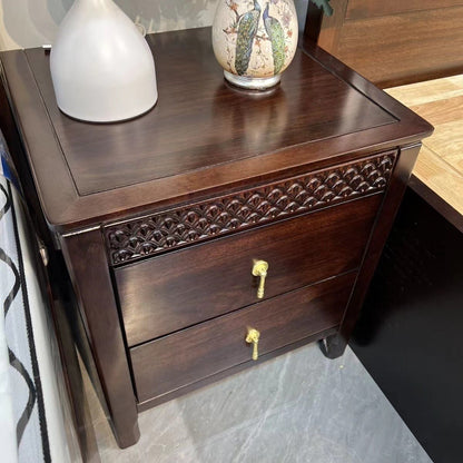 Traditional Chinese Solid Wood Rectangular Wavy Nightstand With 2 Drawers For Bedroom