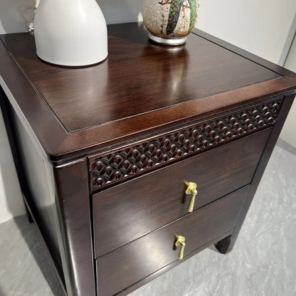 Traditional Chinese Solid Wood Rectangular Wavy Nightstand With 2 Drawers For Bedroom