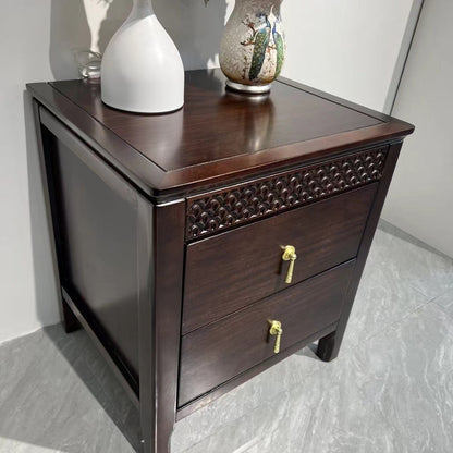 Traditional Chinese Solid Wood Rectangular Wavy Nightstand With 2 Drawers For Bedroom