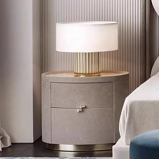 Modern Minimalist Sintered Stone Solid Wood Woven Leather Round Cylindrical Nightstand 2-Drawer For Bedroom