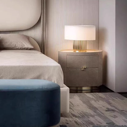 Modern Minimalist Sintered Stone Solid Wood Woven Leather Round Cylindrical Nightstand 2-Drawer For Bedroom