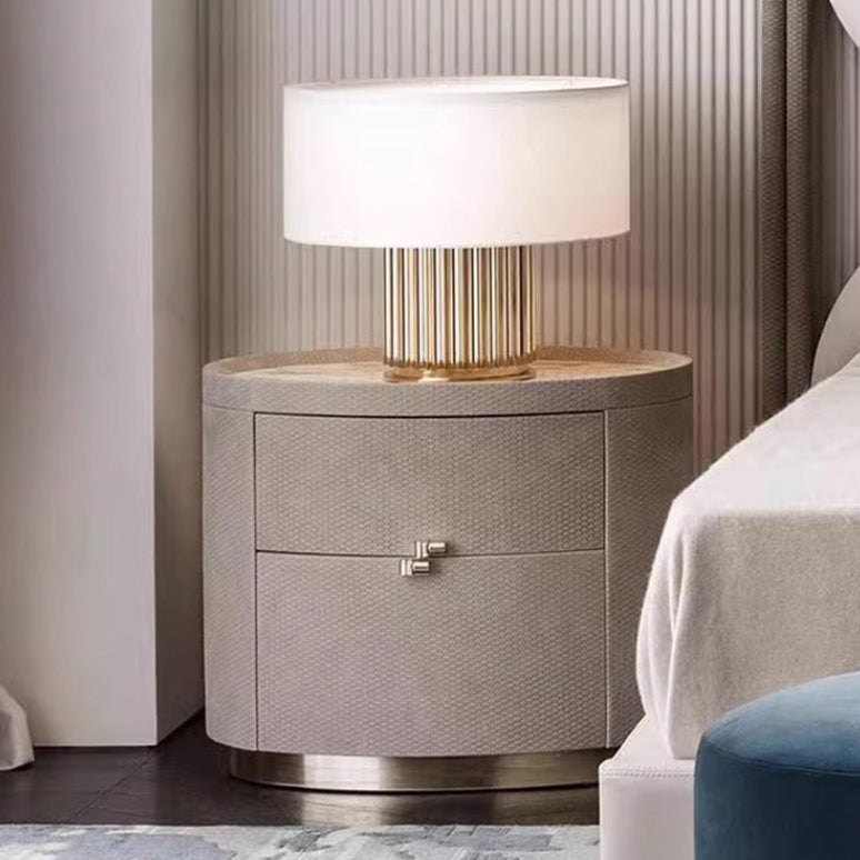 Modern Minimalist Sintered Stone Solid Wood Woven Leather Round Cylindrical Nightstand 2-Drawer For Bedroom