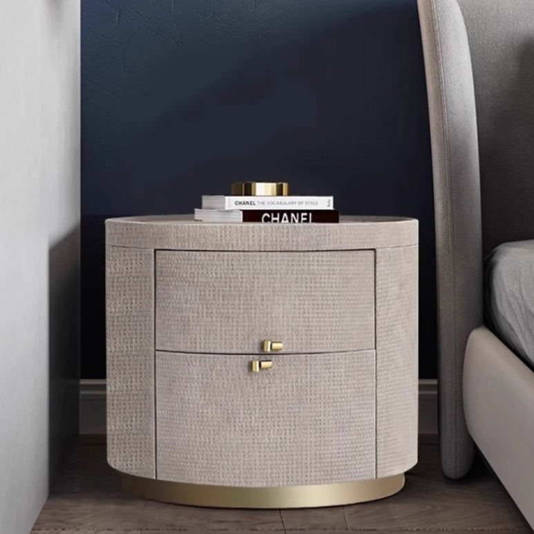 Modern Minimalist Sintered Stone Solid Wood Woven Leather Round Cylindrical Nightstand 2-Drawer For Bedroom