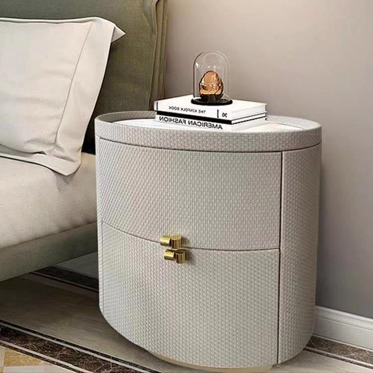 Modern Minimalist Sintered Stone Solid Wood Woven Leather Round Cylindrical Nightstand 2-Drawer For Bedroom