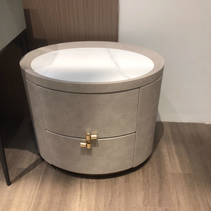 Modern Minimalist Sintered Stone Solid Wood Woven Leather Round Cylindrical Nightstand 2-Drawer For Bedroom