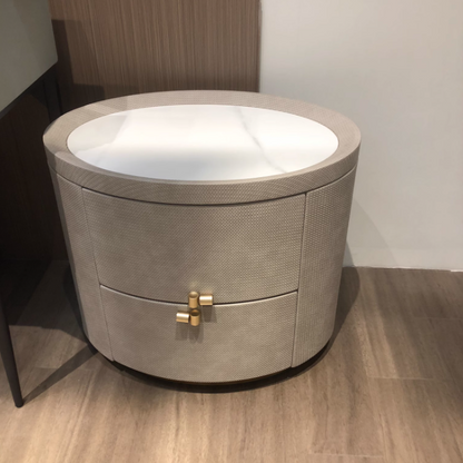 Modern Minimalist Sintered Stone Solid Wood Woven Leather Round Cylindrical Nightstand 2-Drawer For Bedroom