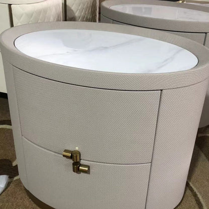 Modern Minimalist Sintered Stone Solid Wood Woven Leather Round Cylindrical Nightstand 2-Drawer For Bedroom
