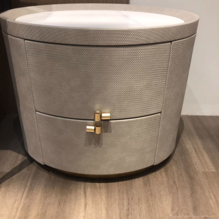 Modern Minimalist Sintered Stone Solid Wood Woven Leather Round Cylindrical Nightstand 2-Drawer For Bedroom