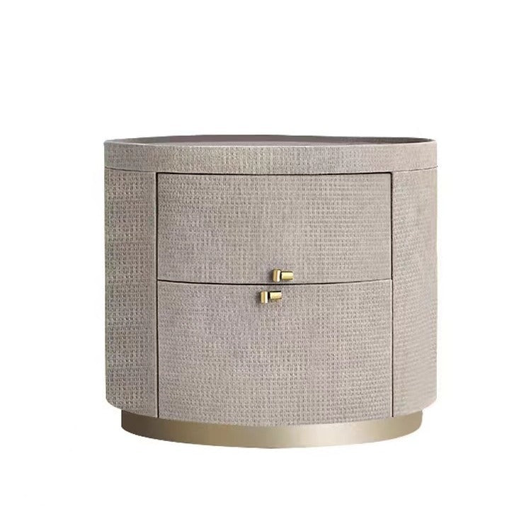 Modern Minimalist Sintered Stone Solid Wood Woven Leather Round Cylindrical Nightstand 2-Drawer For Bedroom