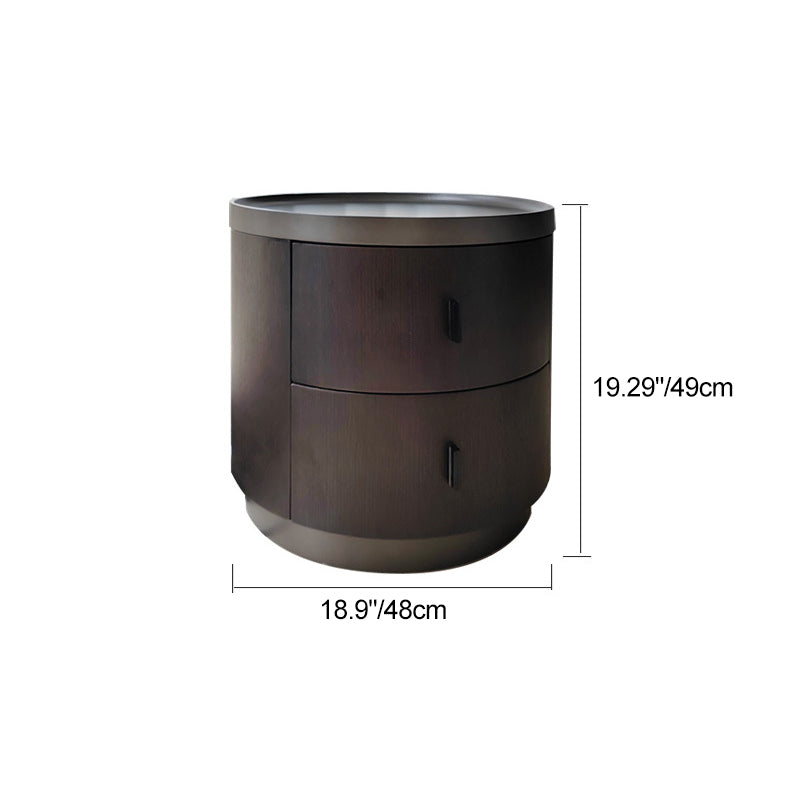 Modern Minimalist Ash Wood Metal Stainless Steel Round Nightstand 2-Drawer For Bedroom