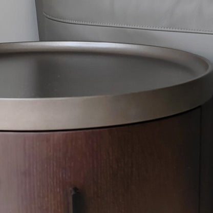 Modern Minimalist Ash Wood Metal Stainless Steel Round Nightstand 2-Drawer For Bedroom