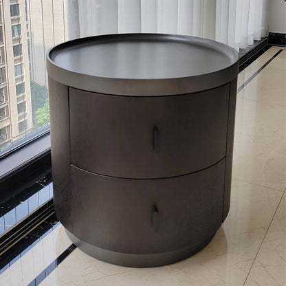 Modern Minimalist Ash Wood Metal Stainless Steel Round Nightstand 2-Drawer For Bedroom