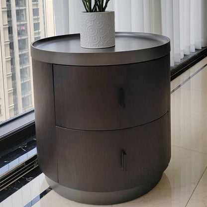 Modern Minimalist Ash Wood Metal Stainless Steel Round Nightstand 2-Drawer For Bedroom