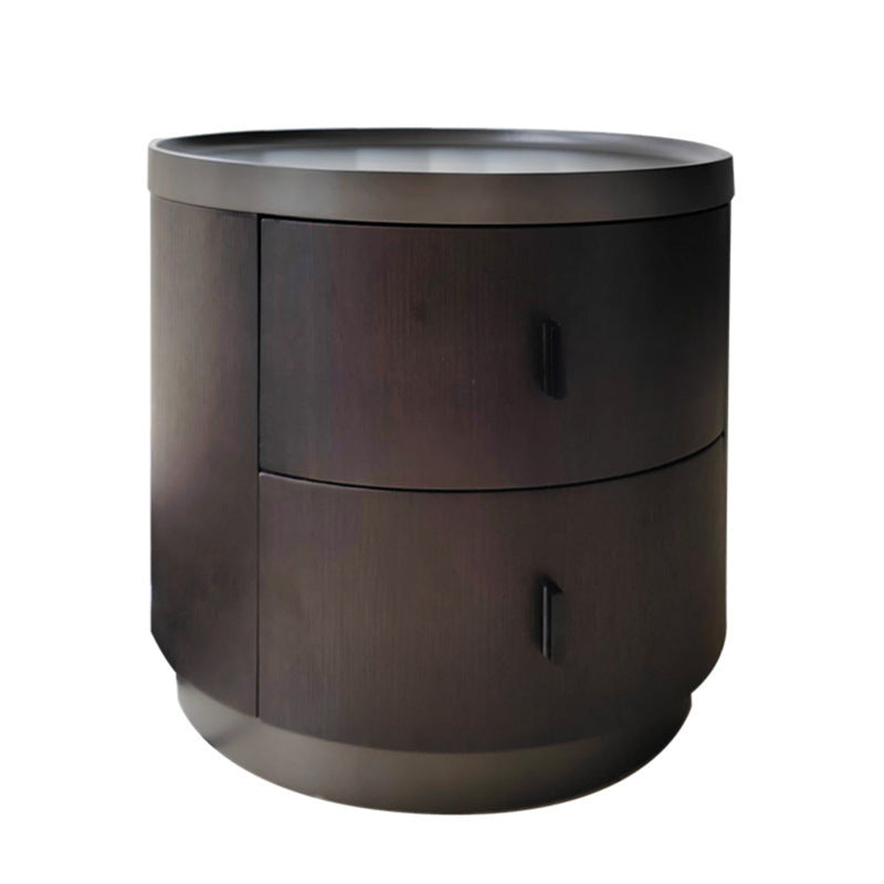 Modern Minimalist Ash Wood Metal Stainless Steel Round Nightstand 2-Drawer For Bedroom