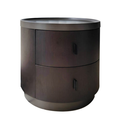 Modern Minimalist Ash Wood Metal Stainless Steel Round Nightstand 2-Drawer For Bedroom