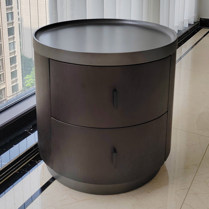 Modern Minimalist Ash Wood Metal Stainless Steel Round Nightstand 2-Drawer For Bedroom
