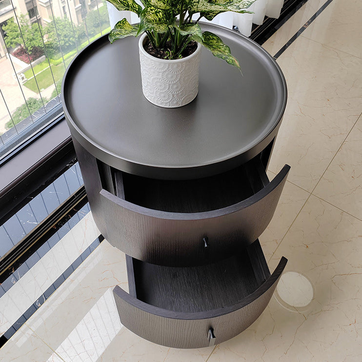 Modern Minimalist Ash Wood Metal Stainless Steel Round Nightstand 2-Drawer For Bedroom
