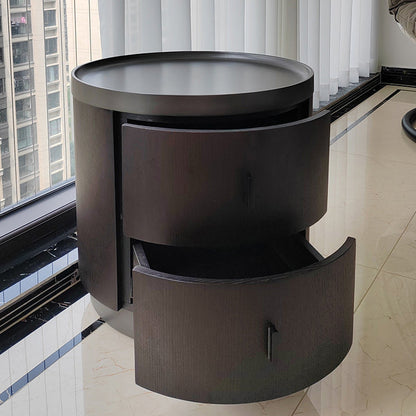 Modern Minimalist Ash Wood Metal Stainless Steel Round Nightstand 2-Drawer For Bedroom
